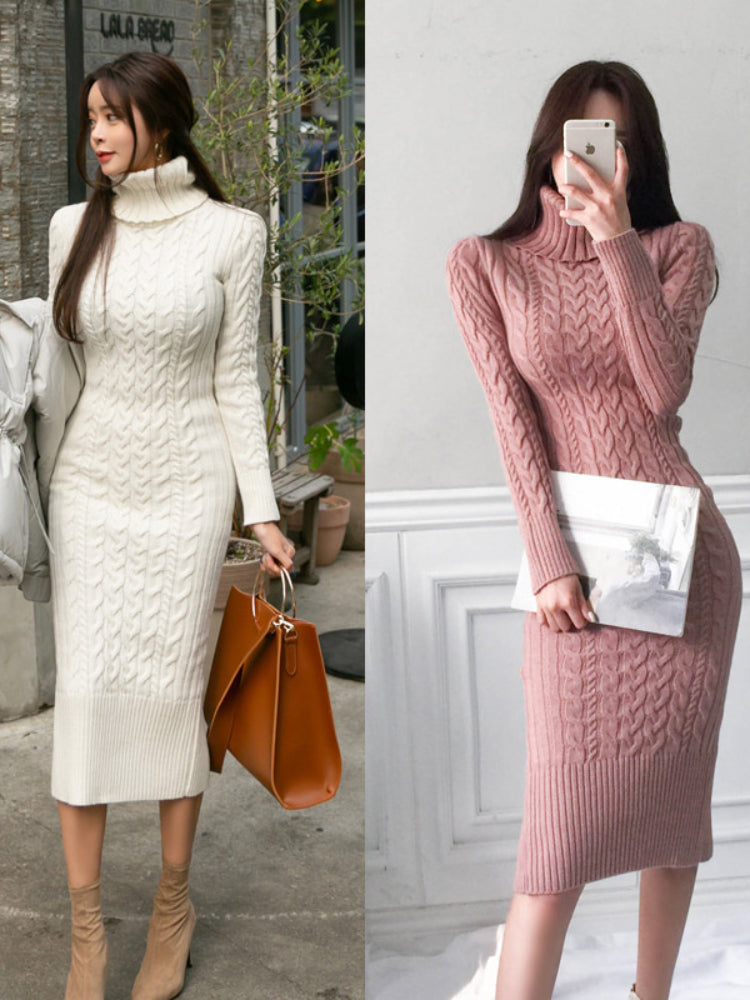 jinran Women's New Knitted Turtleneck Long Sleeve Slim and Slim Mid-length Over-the-knee Dress In Autumn and Winter White Dress