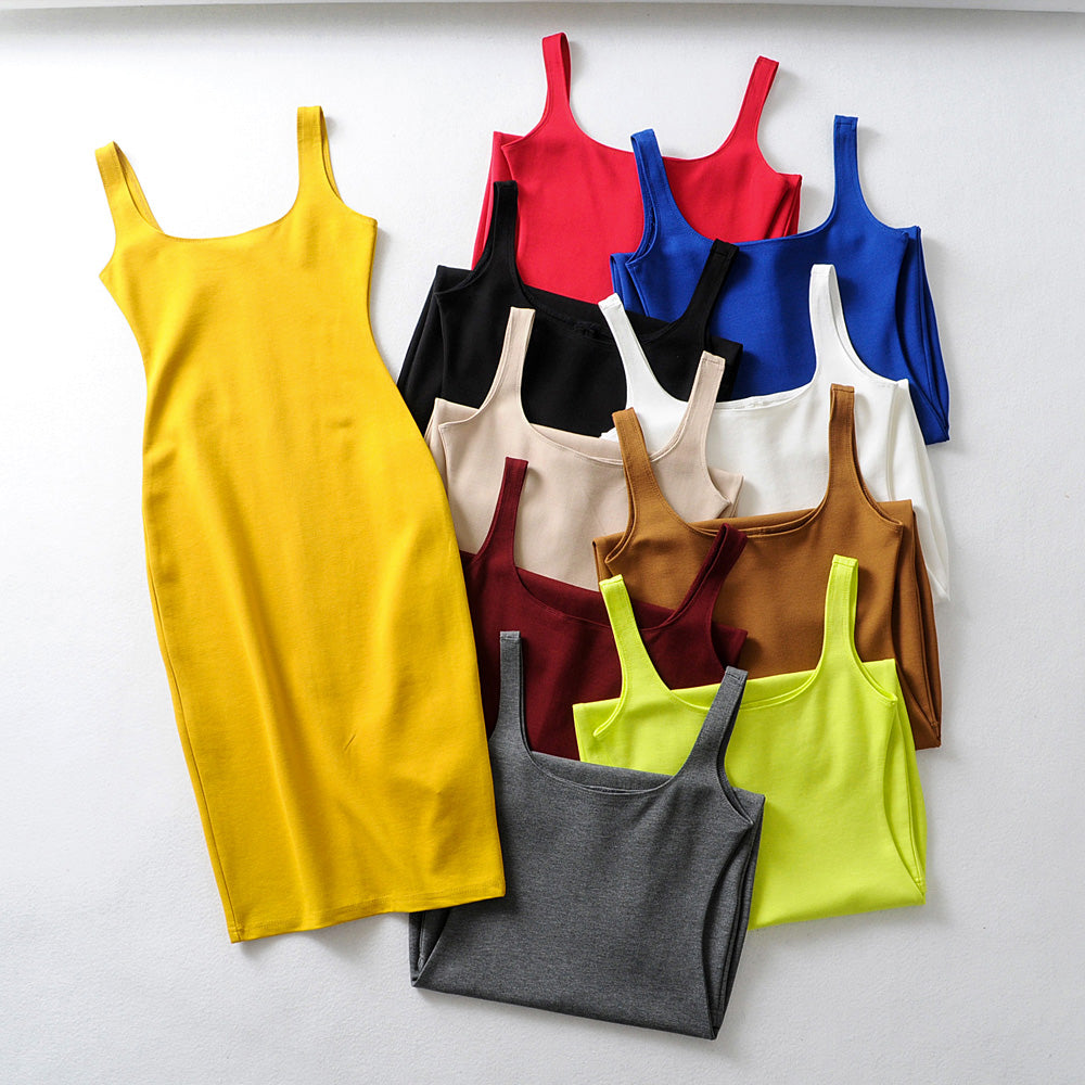 jinran Summer Dress Vestido Women's Sexy Back Slit Sleeveless Bodycon Tank Knee-length Dress