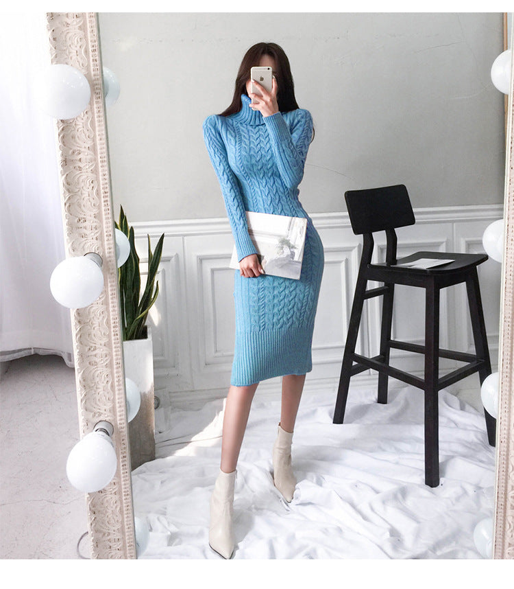 jinran Women's New Knitted Turtleneck Long Sleeve Slim and Slim Mid-length Over-the-knee Dress In Autumn and Winter White Dress