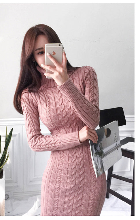 jinran Women's New Knitted Turtleneck Long Sleeve Slim and Slim Mid-length Over-the-knee Dress In Autumn and Winter White Dress