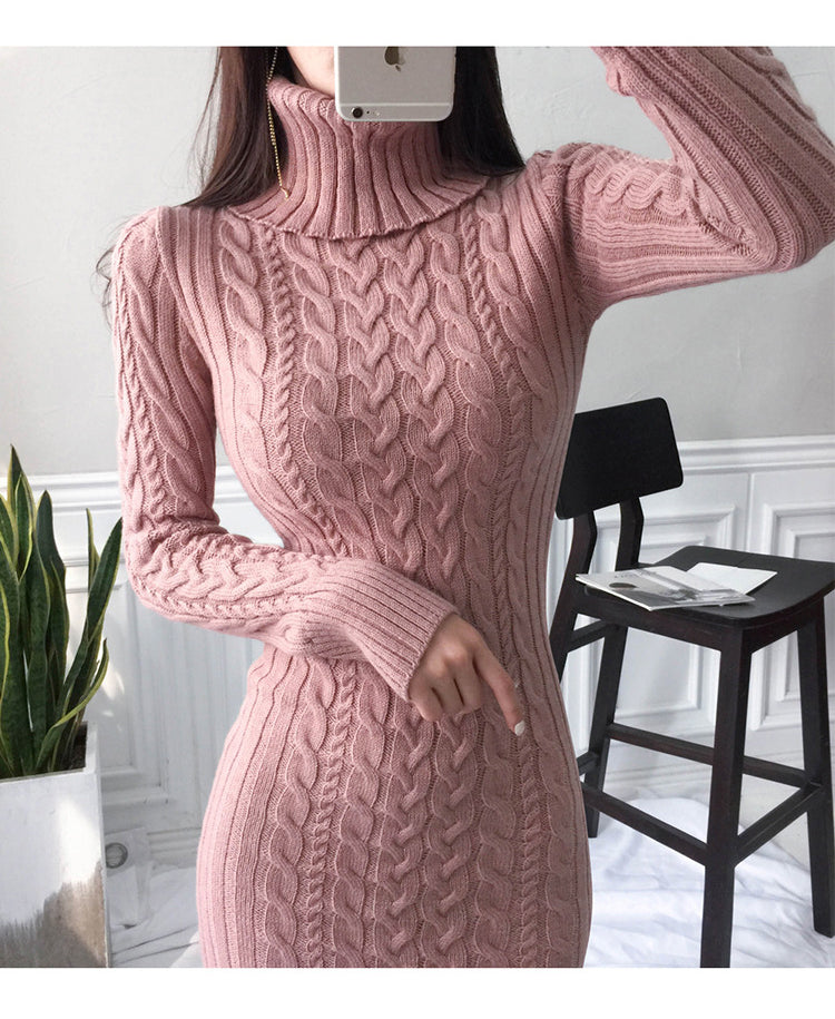 jinran Women's New Knitted Turtleneck Long Sleeve Slim and Slim Mid-length Over-the-knee Dress In Autumn and Winter White Dress