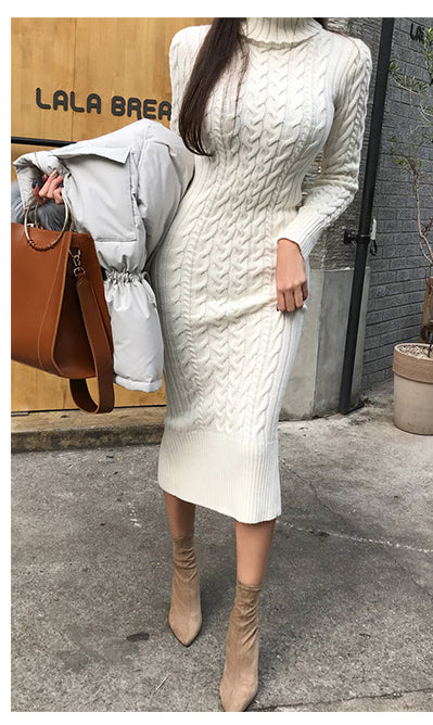 jinran Women's New Knitted Turtleneck Long Sleeve Slim and Slim Mid-length Over-the-knee Dress In Autumn and Winter White Dress