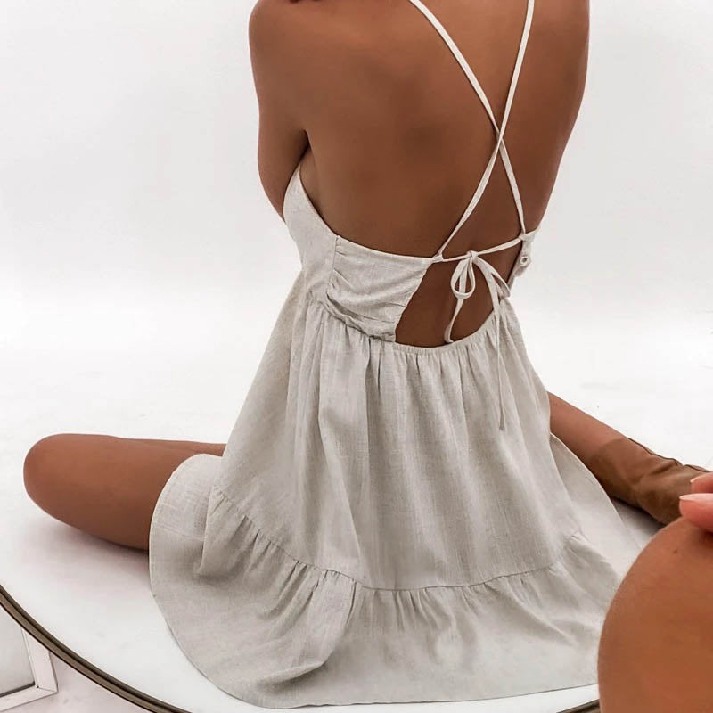 jinran Summer Sexy Sling Solid Color Backless Women's Dress Casual Sleeveless New Loose Elegant Party Holiday Tie-up Mini Fashion Dress