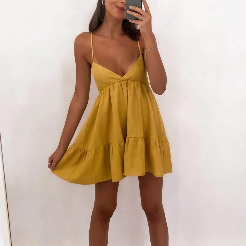 jinran Summer Sexy Sling Solid Color Backless Women's Dress Casual Sleeveless New Loose Elegant Party Holiday Tie-up Mini Fashion Dress