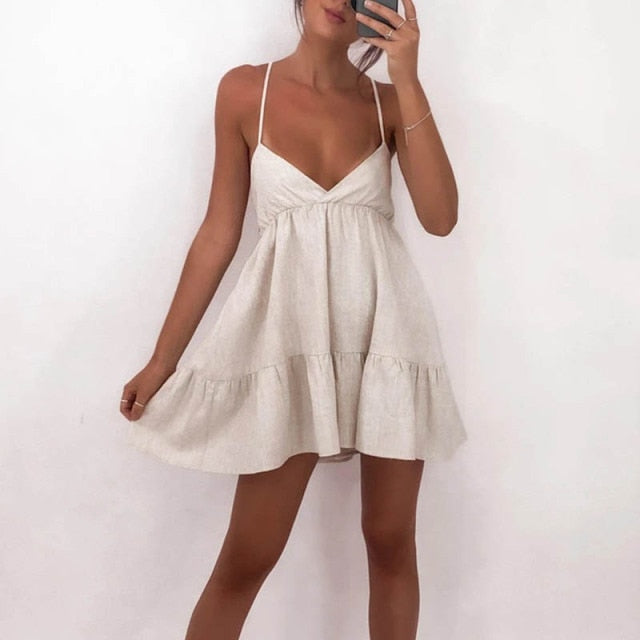jinran Summer Sexy Sling Solid Color Backless Women's Dress Casual Sleeveless New Loose Elegant Party Holiday Tie-up Mini Fashion Dress