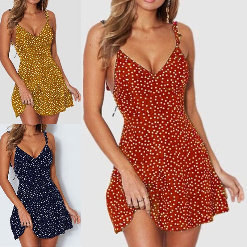 jinran Sexy Summer Sleeveless Polka Dot Short Dress Women's Fashion Sleeveless V-neck Straps Mini Backless Casual Black Sexy Sundress