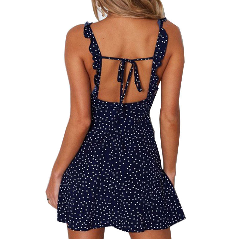 jinran Sexy Summer Sleeveless Polka Dot Short Dress Women's Fashion Sleeveless V-neck Straps Mini Backless Casual Black Sexy Sundress