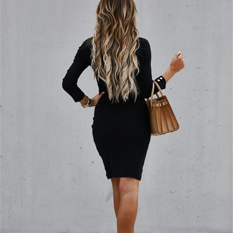 jinran Women's Autumn Sexy Bodycon Solid Black Mini Dress Winter Buttons Split Bag Hip Dresses Woman Fashion Slim Party Club Dress