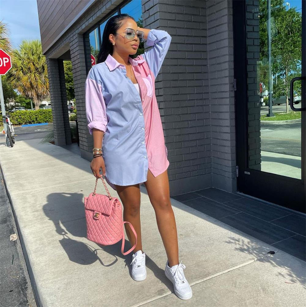 jinran Spring/Summer Women'S New Collection Patchwork Color Pocket Button Soft And Comfortable Casual Style Dress 1473#