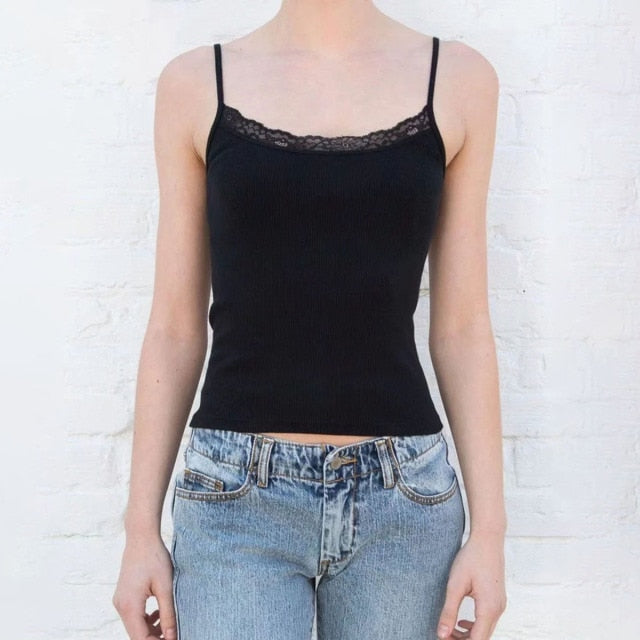 jinran Sweet Girl Lace Ribbed Tank Top Women Summer Sexy Sleeveless Cotton Soft Camis Blouses Women Vintage Casual Crop Top Chic