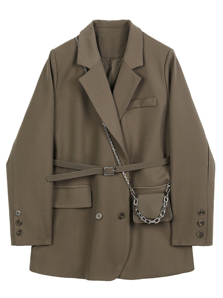 jinran Women Brown Pocket Big Size Blazer New Lapel Long Sleeve Loose Fit Jacket Fashion Tide Spring Autumn 2022 1DB850