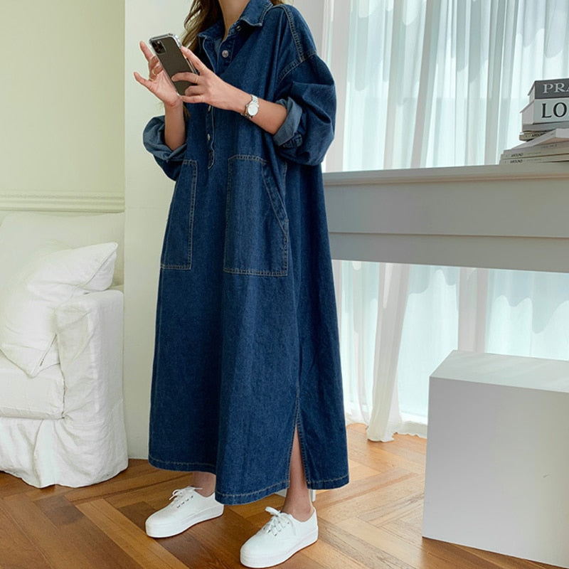 jinran Women's Spring Autumn Casual Denim Shirt Dress Lady Long Sleeve Midi Jeans Vestidos Female Fashion Loose Outerwear Clothings