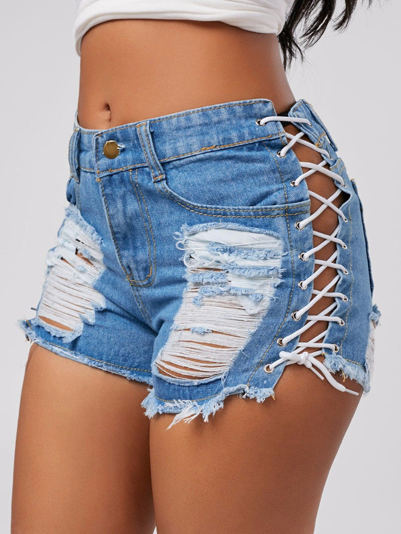 jinran Sexy Summer Women Denim Shorts New Black Blue High Waist Ripped Short Jeans Femme Tassel Lace Up Bandage Hot Pants