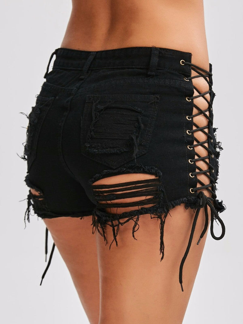 jinran Sexy Summer Women Denim Shorts New Black Blue High Waist Ripped Short Jeans Femme Tassel Lace Up Bandage Hot Pants