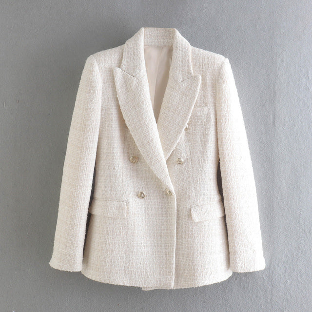 jinran Women Solid Tweed Double Breasted Blazer Coat Long Sleeve Pockets Outerwear Female Spring New Tops CD8395