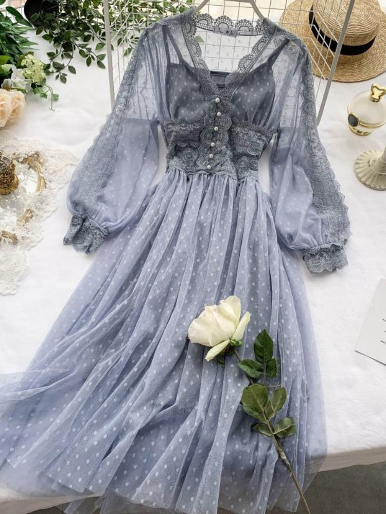 jinran Spring Women Mesh Lace Crochet Dresses V-neck Elegant Prom Puff Sleeves Dress Summer Dot Prom Party Sexy Slim Swing Long Dress