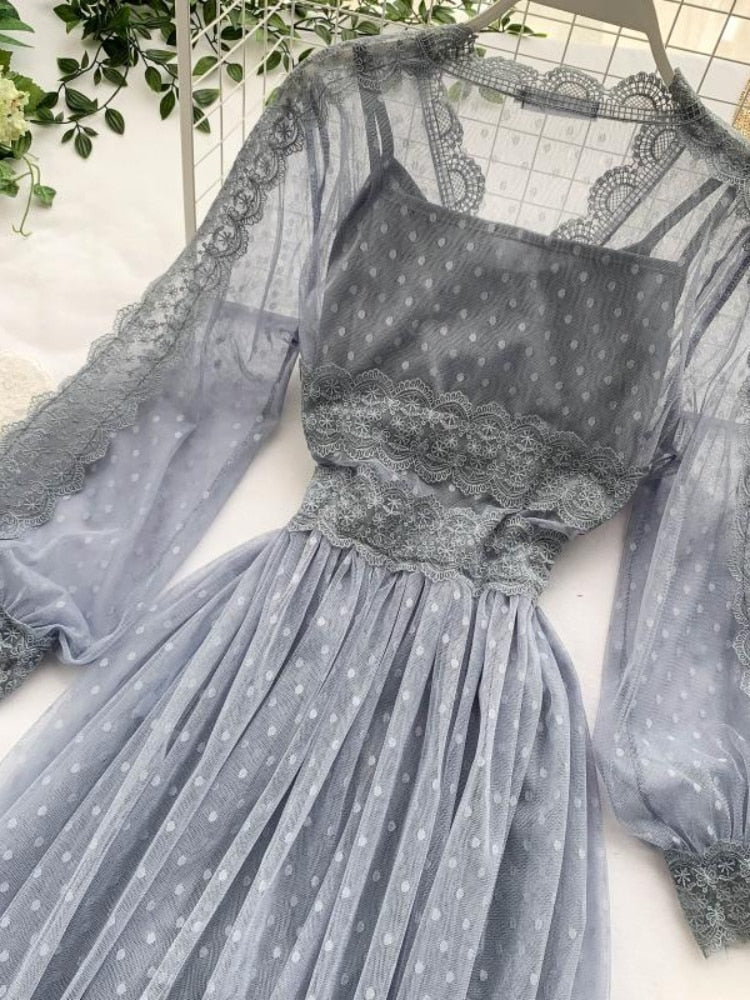 jinran Spring Women Mesh Lace Crochet Dresses V-neck Elegant Prom Puff Sleeves Dress Summer Dot Prom Party Sexy Slim Swing Long Dress