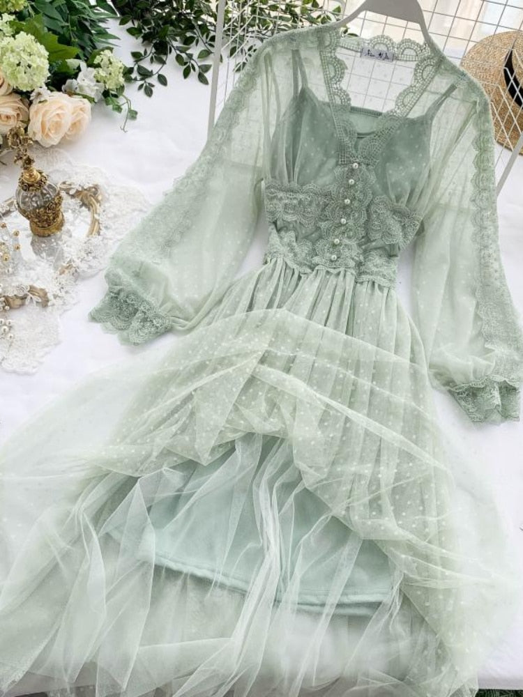 jinran Spring Women Mesh Lace Crochet Dresses V-neck Elegant Prom Puff Sleeves Dress Summer Dot Prom Party Sexy Slim Swing Long Dress