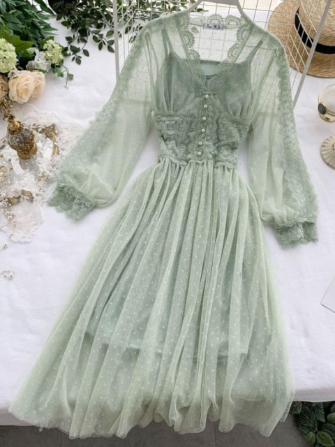 jinran Spring Women Mesh Lace Crochet Dresses V-neck Elegant Prom Puff Sleeves Dress Summer Dot Prom Party Sexy Slim Swing Long Dress