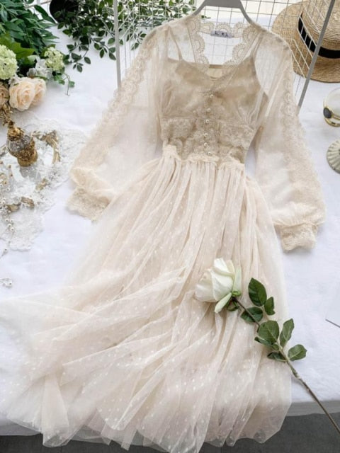 jinran Spring Women Mesh Lace Crochet Dresses V-neck Elegant Prom Puff Sleeves Dress Summer Dot Prom Party Sexy Slim Swing Long Dress