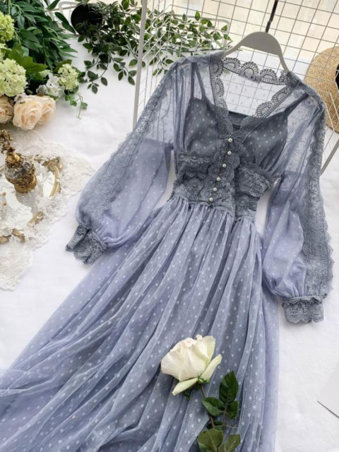 jinran Spring Women Mesh Lace Crochet Dresses V-neck Elegant Prom Puff Sleeves Dress Summer Dot Prom Party Sexy Slim Swing Long Dress