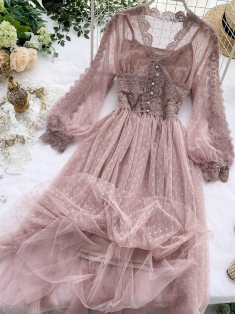 jinran Spring Women Mesh Lace Crochet Dresses V-neck Elegant Prom Puff Sleeves Dress Summer Dot Prom Party Sexy Slim Swing Long Dress