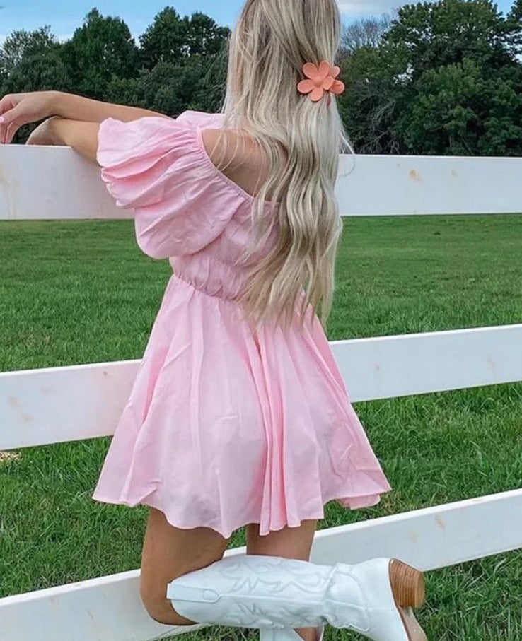 jinran Off Shoulder Lantern Sleeve Pink Summer Beach Dress Women's A-line Holiday Dropshipping Dress Mini Sundress Vestido 2022