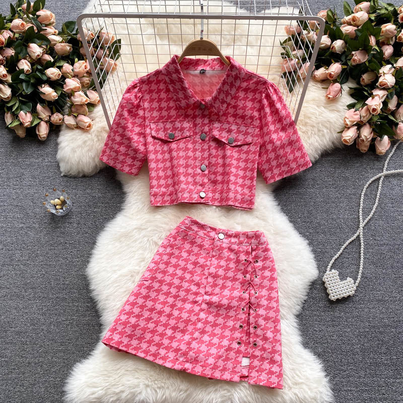 jinran New Summer Fashion Houndstooth Denim Two Piece Set Women Short Jeans Jacket Crop Top + Mini Skirts Sets Streetwear 2 Piece Sets