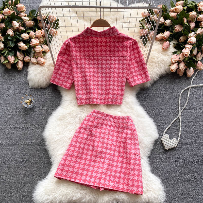 jinran New Summer Fashion Houndstooth Denim Two Piece Set Women Short Jeans Jacket Crop Top + Mini Skirts Sets Streetwear 2 Piece Sets