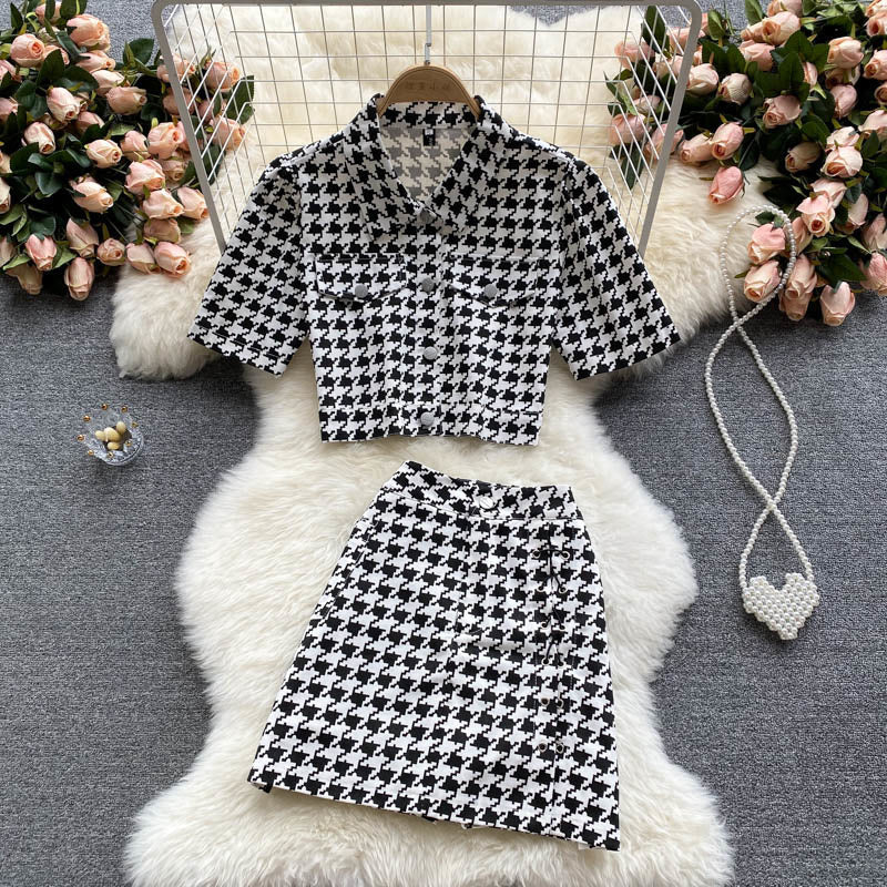 jinran New Summer Fashion Houndstooth Denim Two Piece Set Women Short Jeans Jacket Crop Top + Mini Skirts Sets Streetwear 2 Piece Sets