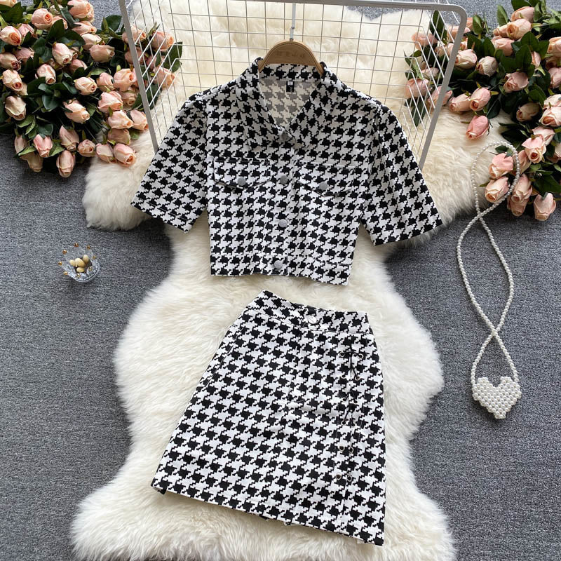 jinran New Summer Fashion Houndstooth Denim Two Piece Set Women Short Jeans Jacket Crop Top + Mini Skirts Sets Streetwear 2 Piece Sets