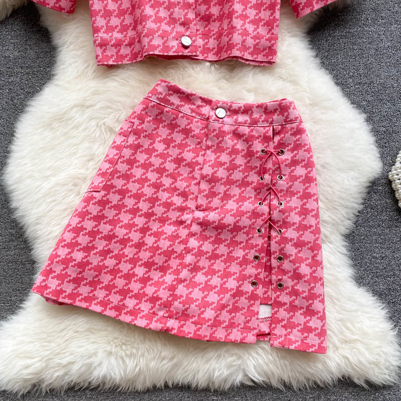 jinran New Summer Fashion Houndstooth Denim Two Piece Set Women Short Jeans Jacket Crop Top + Mini Skirts Sets Streetwear 2 Piece Sets
