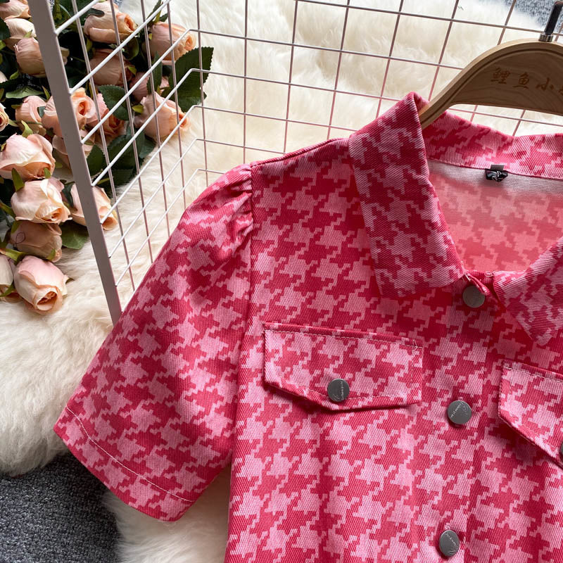jinran New Summer Fashion Houndstooth Denim Two Piece Set Women Short Jeans Jacket Crop Top + Mini Skirts Sets Streetwear 2 Piece Sets