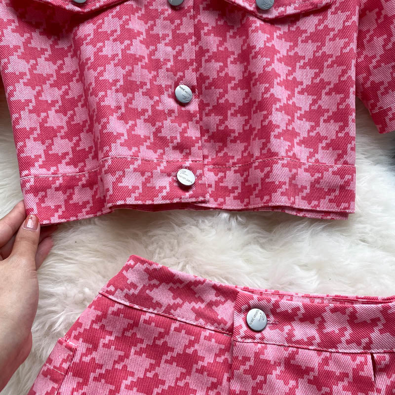 jinran New Summer Fashion Houndstooth Denim Two Piece Set Women Short Jeans Jacket Crop Top + Mini Skirts Sets Streetwear 2 Piece Sets