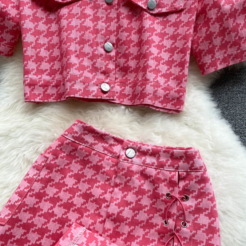 jinran New Summer Fashion Houndstooth Denim Two Piece Set Women Short Jeans Jacket Crop Top + Mini Skirts Sets Streetwear 2 Piece Sets