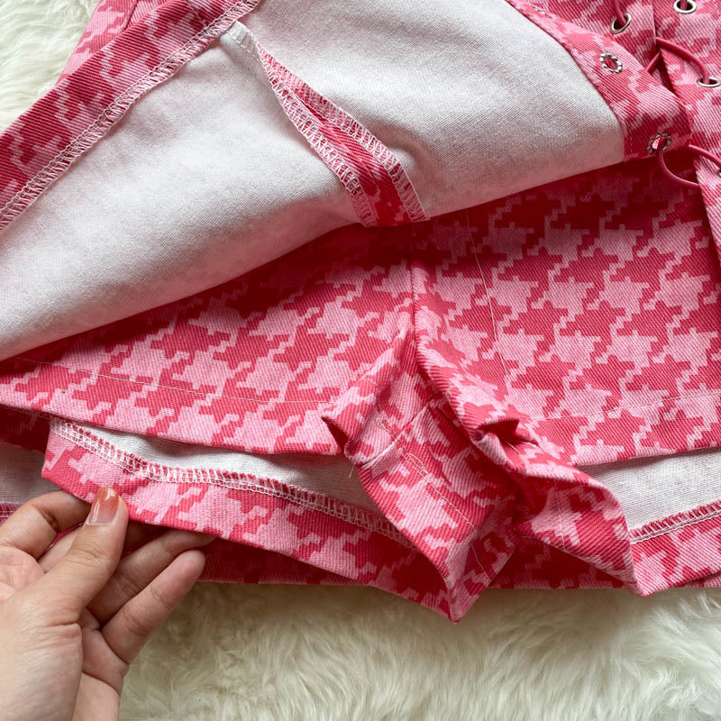 jinran New Summer Fashion Houndstooth Denim Two Piece Set Women Short Jeans Jacket Crop Top + Mini Skirts Sets Streetwear 2 Piece Sets