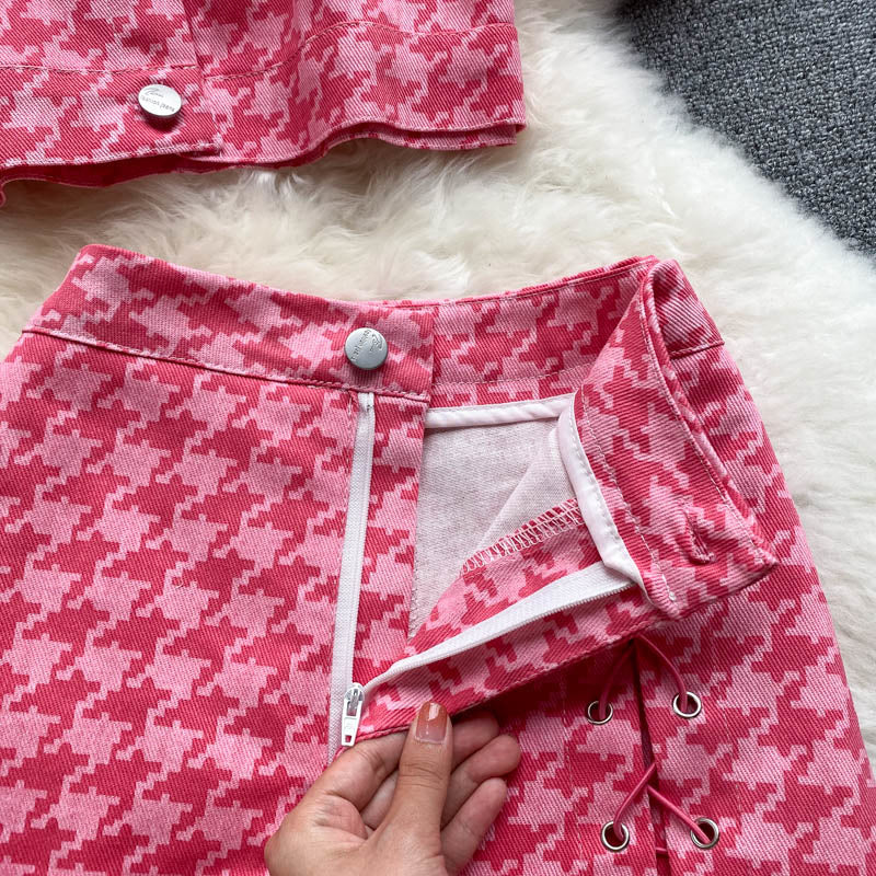 jinran New Summer Fashion Houndstooth Denim Two Piece Set Women Short Jeans Jacket Crop Top + Mini Skirts Sets Streetwear 2 Piece Sets