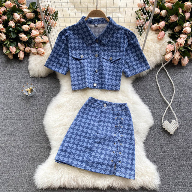 jinran New Summer Fashion Houndstooth Denim Two Piece Set Women Short Jeans Jacket Crop Top + Mini Skirts Sets Streetwear 2 Piece Sets