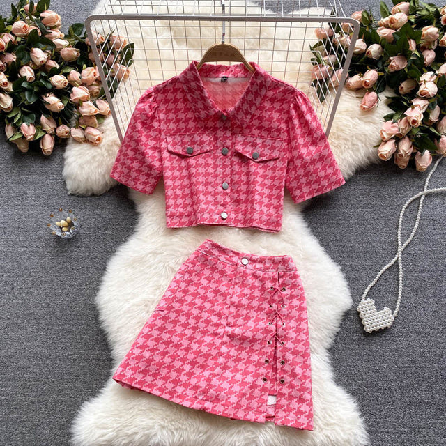 jinran New Summer Fashion Houndstooth Denim Two Piece Set Women Short Jeans Jacket Crop Top + Mini Skirts Sets Streetwear 2 Piece Sets