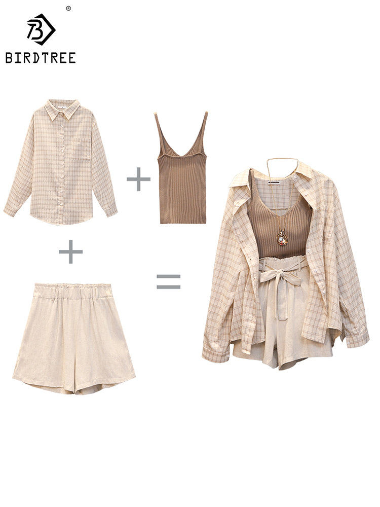 jinran 2022 Summer Women's Short Suit Three Piece Sets Tops Casual Outfits Linen Plaid Shirt Sports Knit Vest with Belt Sportswear