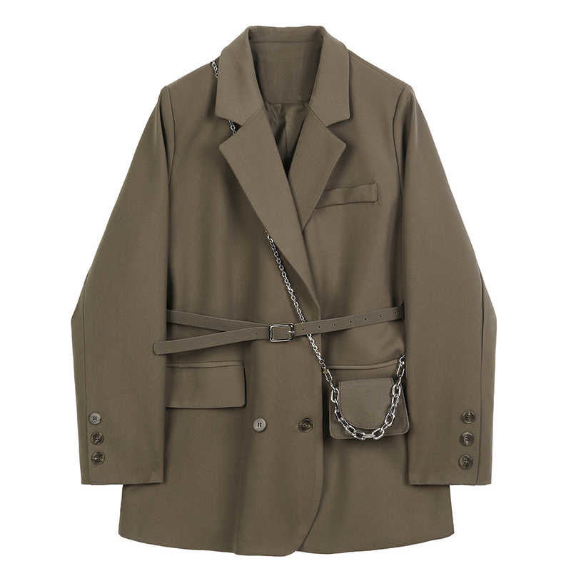 jinran Women Brown Pocket Big Size Blazer New Lapel Long Sleeve Loose Fit Jacket Fashion Tide Spring Autumn 2022 1DB850