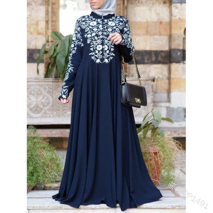 new New   dress ethnic style women's clothing long-sleeved printed stand-up collar big swing dress