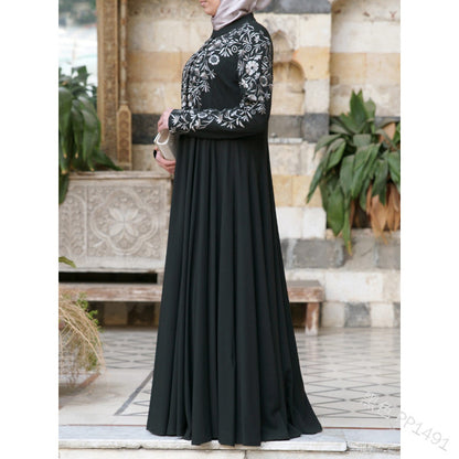 new New   dress ethnic style women's clothing long-sleeved printed stand-up collar big swing dress