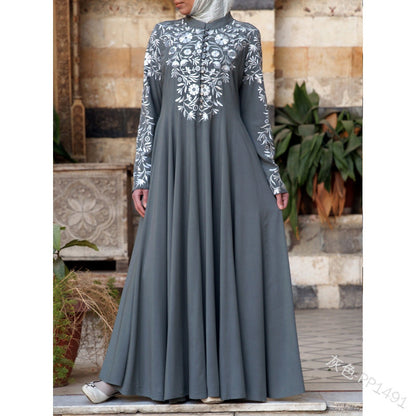 new New   dress ethnic style women's clothing long-sleeved printed stand-up collar big swing dress