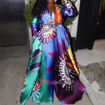 2025 winter, large size Popularan, 2025n and Popular trade  digital printing contrasting color dress, large pendulum long dress including belt
