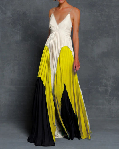 2025 New summer 2025 women's clothing wish digital printing slim and thin long color matching pleated suspender dress