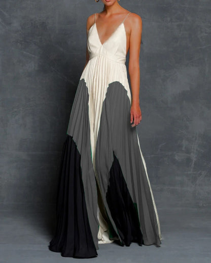 2025 New summer 2025 women's clothing wish digital printing slim and thin long color matching pleated suspender dress