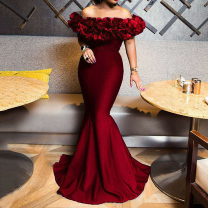 Bulk 2025 Spring New Elastic Knitted Belt Anti-2025 Women's Clothing Lotus Leaf Shoulder Small Trailing Long Dress Dress