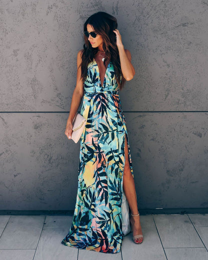 2025 spring and summer new  Popular trade women's clothing independent station sleeveless V-neck printed slim dress long dress new