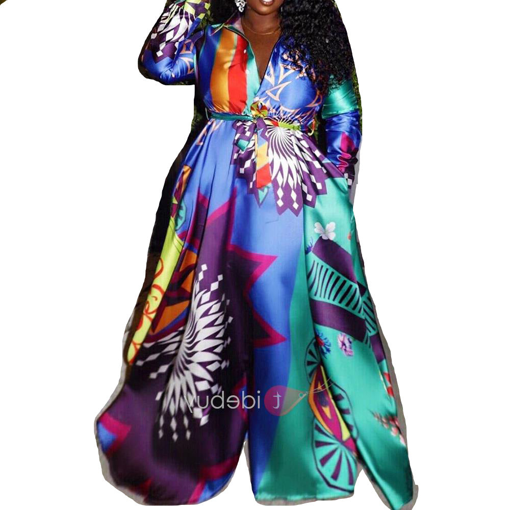2025 winter, large size Popularan, 2025n and Popular trade  digital printing contrasting color dress, large pendulum long dress including belt